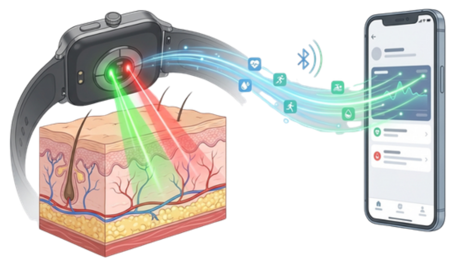 Aptofit TrackPro smartwatch showing optical sensors, heart rate monitoring, and smartphone data sync technology